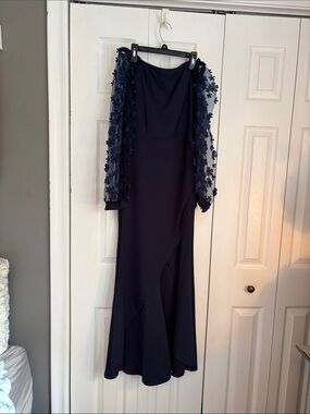 Navy Long-Sleeve Floral Appliqué Evening Gown